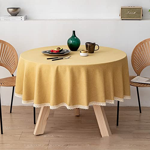 Ricemru Leinenoptik Tischdecke Landhausstil Rund Senfgelb mit Häkelkante Abwaschbar Elegant Boho Runde Gartentischdecke Tischwäsch Tischtuch Tafeldecke Innen Aussen,160cm