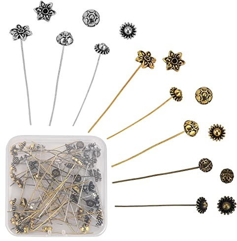 SUNNYCLUE 1 Box 64 Stück 8 Stile Blumenkopf Stifte Perlenstifte Antik Tibetischer Stil Perlen Kugelkopf Stifte Messing Schmuck Nadeln Zubehör Für Frauen Anfänger DIY Ohrring Halskette Basteln