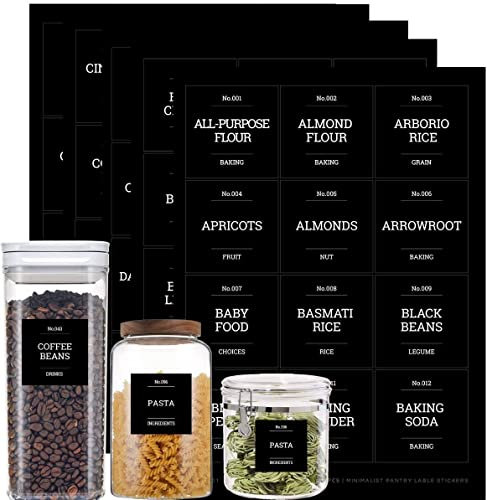 v2croft 144 Küchen-Speisekammer-Etiketten für Behälter, minimalistisch, schwarz, mattweiß, Text, Lebensmittel-Namensaufkleber, Heimorganisationsetiketten für Gläser, Dosen und Aufbewahrungsbehälter