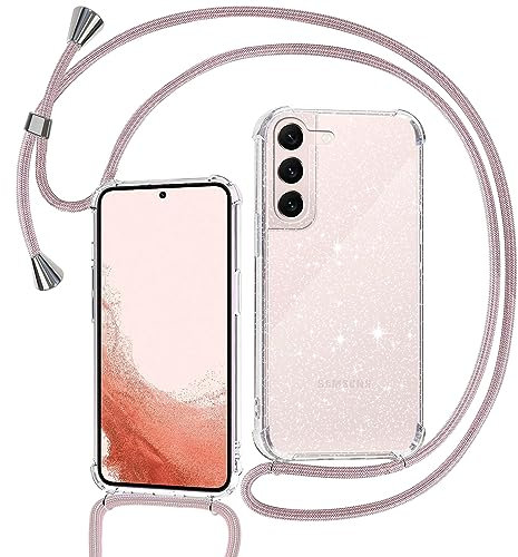 Tikgue Handykette für Samsung Galaxy S22 Hülle mit Band, Handyhülle mit Kordel zum Umhängen Schutzhülle mit Kette Glitzer Transparent Weich TPU Silikon Bumper - Roségold