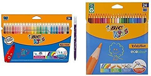 BIC Kids Filzstifte Kid Couleur, Fasermaler zum Malen in 24 auswaschbaren Farben, mit stabiler Spitze, im Karton Etui, ab 5 Jahre & Buntstifte ECOlutions Evolution, in 24 Farben, ab 5 Jahre, 24 Stück
