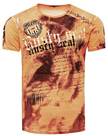 Rusty Neal Herren T-Shirt Front Print Verwaschen mit Knopfleiste 156, Farbe:Orange, Größe S-3XL:XXL