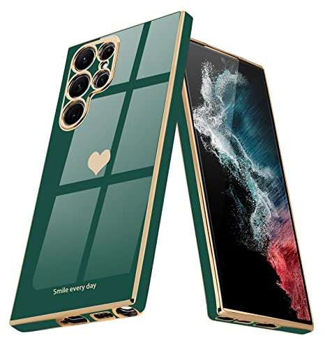 Teageo for Samsung S22 Ultra Case Cute Heart Pattern for Women Girls Slim Luxury Bling Plating Soft TPU Anti-Scratch Shockproof Bumper Phone Case for Samsung Galaxy S22 Ultra 5G, Darkish Green