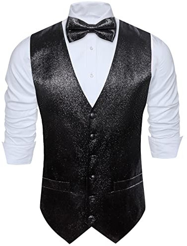 Barry.Wang Glänzende Herren-Weste mit Pailletten, Fliege, Set, glitzernd, lässig, Weste, Festival, Disco, Party, Abschlussball, Schwarz , XL