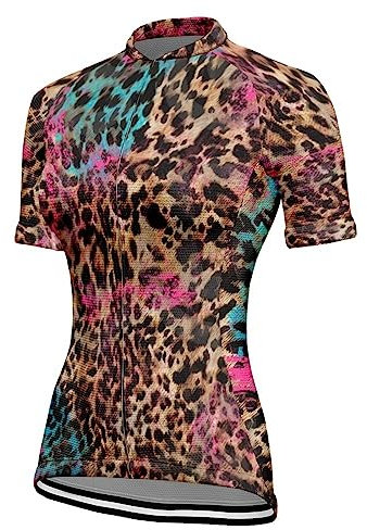Chickwin Damen Radtrikot Kurzarm, Leopard Drucken Fahrradtrikot Sommer MTB Fahrradbekleidung Fahrrad Top T Shirt Atmungsaktive Cycling Jersey Bekleidung für Radsport Outdoor