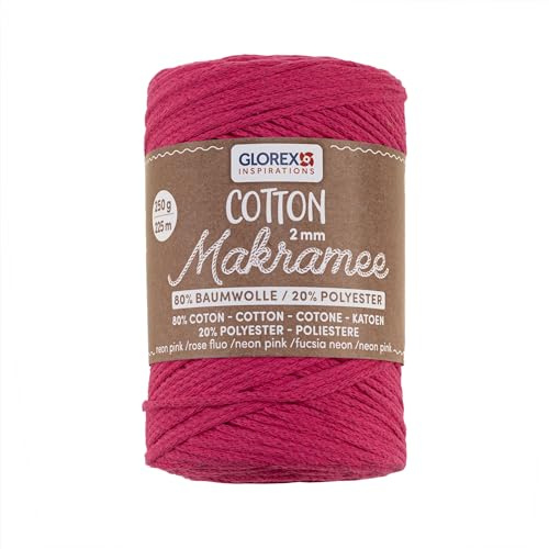 GLOREX 5 1008 36 - Makramee Cotton 2 mm, 250 g, Neon Pink, Länge 225 m, dreifachgedrehtes Baumwollgarn, 100 % Baumwolle, zum Häkeln, Stricken, Knüpfen und Gestalten