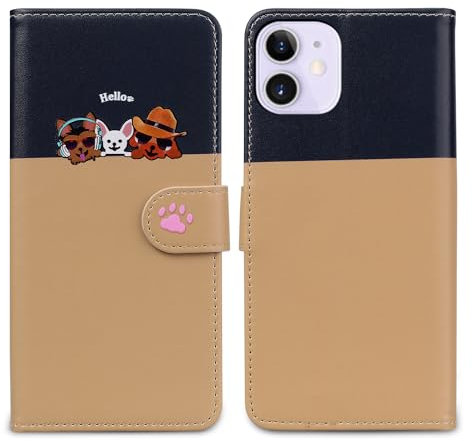 Nbziyoo Phone Case for iPhone 12 mini,Cartoon Cats/Dogs Patterns Flip Wallet Case with Card Slots, Premium Magnetic PU Leather Cover Case for iPhone 12 mini, Khaki