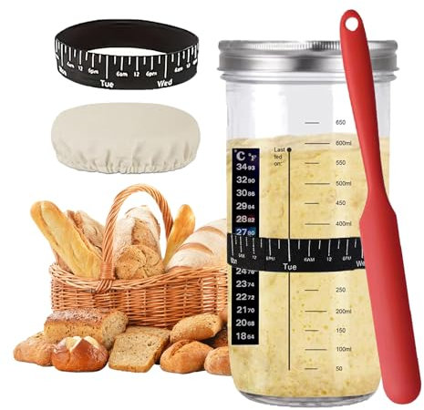 Kit de démarrage pour pot à levain - 730 ml - Bocal rond en verre avec thermomètre, bande de date d'alimentation, couvercle en tissu, grattoir en silicone, convient pour la fermentation du pain