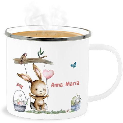 Emaille Becher Blechbecher - Ostergeschenke - Hase Süß Kinder personalisiert I Osterhase - 300 ml - Weiß Silber - tasse ostern oster name osterhasen bunny easter hasen osterngeschenke kaninchen