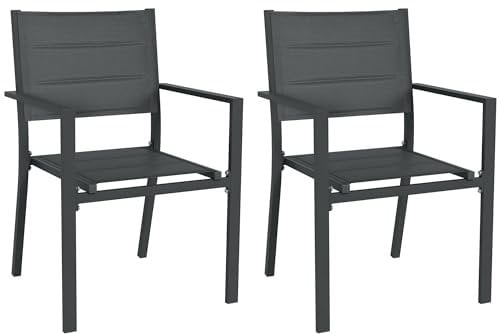 Outsunny 2 Pieces Garden Dining Chairs, Aluminium Outdoor Armchair for 2 with Breathable Mesh Fabric, Stackable Design, Dark Grey