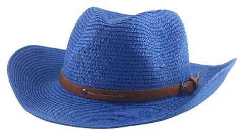 Sonnenhut Strohhut Hut Cowboyhut Western Cowgirl Strohhüte Wind Dichte Sonnenschutz Hüte Für Frauen Männer Hut Solid Caps 56-58Cm Blau
