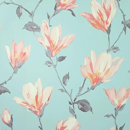 Teal and Pink Lovely Floral Warm Cosy Wallpaper for Feature Walls in Bedroom and Living Room