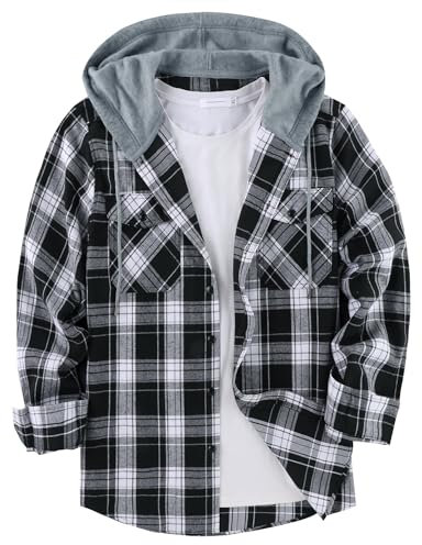 GEEK LIGHTING Men's Plaid Shirt Checked Shirts Mens Flannel Shirt Button Down Long Sleeve with Drawstring Casual Double Chest Pockets Classic Shirt Jacket 2XL Black White