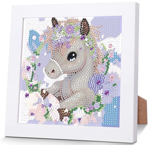 Pferd Diamond Painting Kinder Mit Holzrahmen,Set Full Diamant Painting Bilder Kinder Tiere,5D Diamond Painting Mädchen,DIY Mosaikherstellung Arts Craft für Home Wand Decor 18x18cm