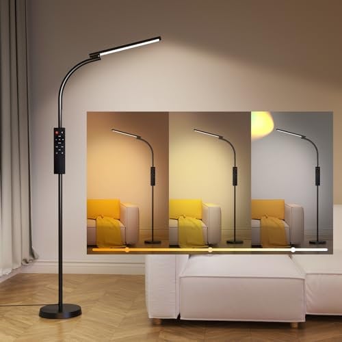 Lanmonlily LED Floor Lamp, 15W Reading Standing Lamps with Remote and Touch Control, 3 Color Temperature & 4 Brightness Levels, Dimmable Gooseneck Floor Lamp for Living Room, Bedroom, Office