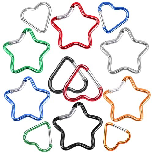 12 Stück Karabiner Herz Stern, Aluminium Karabinerhaken in Herzform Schraubkarabiner Schlüssel Clip Klein Robust Schlüsselanhänger für Camping Wandern Angeln Berge Besteigen