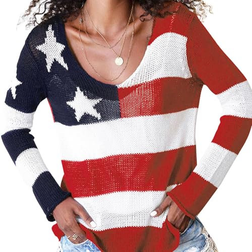 Allbestop Damen Pullover Tops Langarm Flagge USA Strick Sweatshirt Memorial Day Lose Shirts Sweatshirts Für Damen (Red, M)