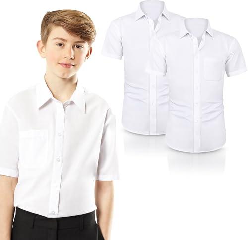 22 Yards Pro 2 Packs Short-Sleeve Shirt, School Shirts Boys (11-17.5) - Classic Regular Fit, Button-Down, Easy Iron, (UK, Alpha, One Size, Regular, Regular, 11 Neck - Year [2-3], White Pack 2)