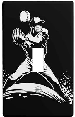 Baseball Pitcher Light Switch Cover Plates/Outlet Covers, Black White Sports Design for Game Room Decor, Thermoplastic Wall Plates, Standard Size Single Toggle