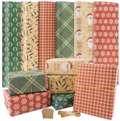 Diealles Shine Rouleau de papier cadeau de Noël, papier kraft imprimé avec motif de Noël, papier d'emballage recyclable pour emballage cadeau de fête de Noël (Noël)