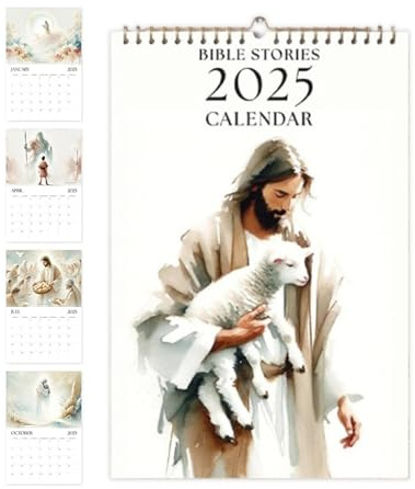 Biblischer Wandkalender 2025: monatlicher Kalender mit Draht und Haken, mit schönen natürlichen Wasserfarben und Landschaftskunst, erbauende christliche Bibelgeschichten