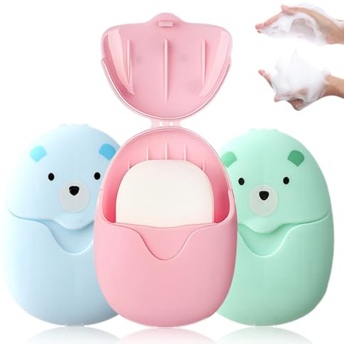 AUEFUDQ 3 Boxes Paper Soap, Portable Soap Sheets Disposable Paper with Plastic Box, Mini Travel - Small and Easy to Carry (Pink + Blue + Green)