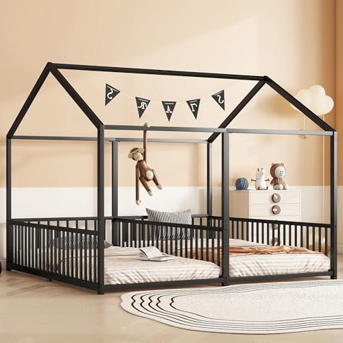 Dolamaní Bodenbett 180x200 cm 2 Kinder mit rausfallschutz, 90x200 cm Einzelbetten 2-in-1, Hausbett Metall Geschwister Bett, Kinderbett Bodentief (Schwarz B)