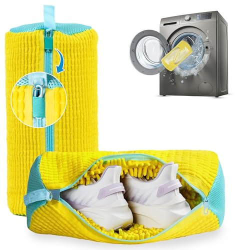 Shoe Washing Machine Bag – 2 Pcs Reusable Laundry Shoe Bag, 360° Deep Cleaning Sneaker Washing Bag, Durable Mesh Net with Zipper Protection, Fits All Shoe Types & Sizes (Yellow, 14.8 × 7.4 Inches)