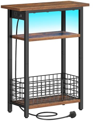 HOOBRO Slim Side Table with Charging Station and LED Light, Small Side Table with Storage, Nightstand with USB Port, Narrow Bedside Table for Small Spaces, Living Room, Rustic Brown EBF242KDBZ01