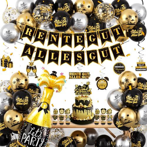 Rente Party Deko Luftballons Gold Schwarz RENTE GUT ALLES GUT Banner Tortendeko Karten Feierabend Renteneintritt Abschied Party Dekoration Ballon Girlande Ruhestand Deko für Rentner Rentnerin Geschenk