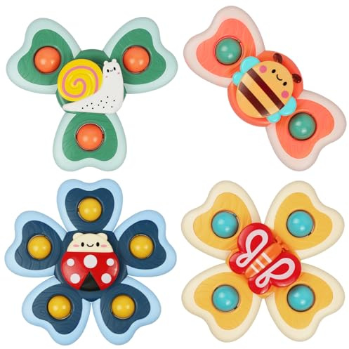 Vicloon Spinner Bébé Ventouse, 4PCS Jouets à Ventouse pour Bébé, Jouets Tournants sans Bpa, Jouet de Bain Baignoire Spinner Jouet Piscine Jeux Sensoriel Educatifs pour Bébés et Enfants
