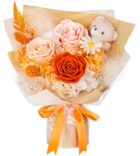 Bouquet de Fleurs Éternelles avec Ours, 3 Roses, Orange, Cadeau d'anniversaire, Graduation,Saint-Valentin, pour Mère, épouse, Amie