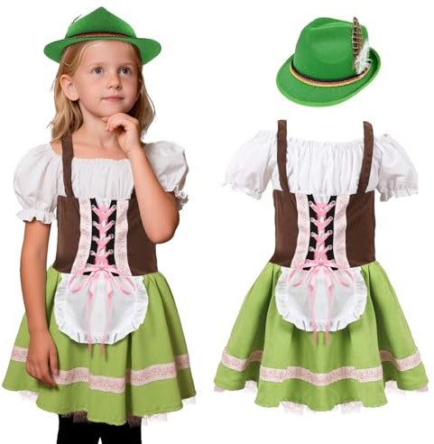 Zophlly Bayerisches Dirndl Mädchen, Oktoberfest Kostume Kleid mit Schürze Tracht Deutsche Trachtenkleid für Halloween Karneval