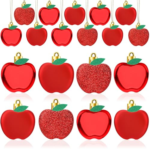 JULMELON 24Pcs Back to School Ornaments, A-pples Tree Decorations Red Shiny Matte Glitter Apples Hanging Ornaments with Rope for First Day of School Party Birthday Classroom Supply Decorations