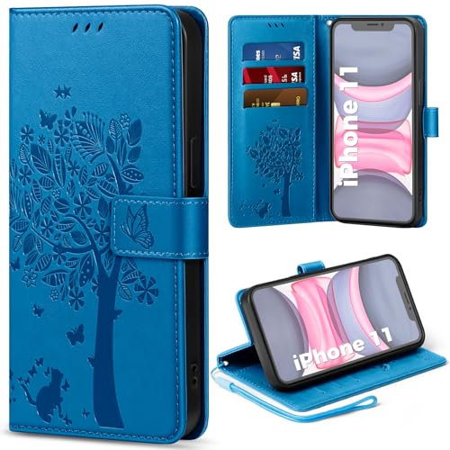 EASDNB Handyhülle für iPhone 11 Hülle, Flip Lederhülle Wallet Case mit [3 Kartenfächer] [Magnet] [Ständer] Premium Leder Prägung Schutzhülle Klapphülle für iPhone 11 6.1, Blau
