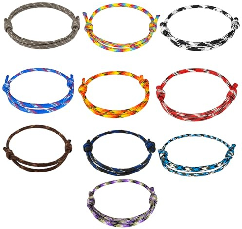 Bodeshis 10 Paracord Bracelets, Adjustable Rope Bracelet for Men, Survival Bracelet Set with Sliding Knots, Durable Nautical Braided Wristbands for Boys and Teens