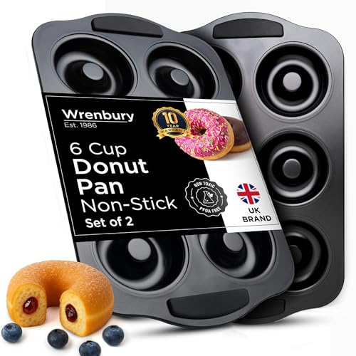 Wrenbury Donut Pan 6 Cup Set of 2 - Non Stick Jumbo Doughnut Mould Baking Tray - Carbon Steel - 9cm Cup - Easy Clean