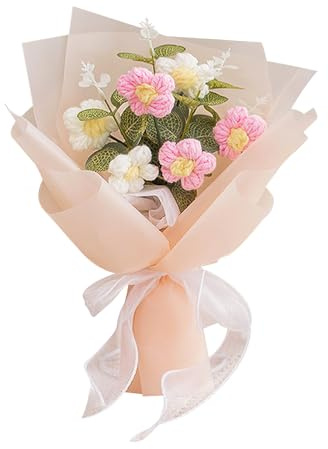 Ferizzia Fiori Uncinetto, Rosa Bouquet di Fiori Lavorato a Maglia, Bouquet Fatto a Mano, Bignè Alla Crema Romantico, per la Decorazione Della Casa, Nozze, Compleanno Regalo