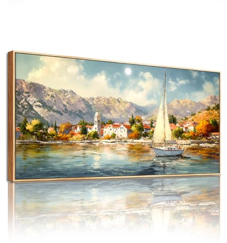 SERIMINO Modern Wandbild mit Rahmen Vintage Landschaft Bilder 73x146 cm | Küstenstadt Segelschiff Wanddeko, Hd Druck, Massivholzrahmen, Einfache Montage, Mehrgrößen Mehr, Vielseitig Einsetzbar