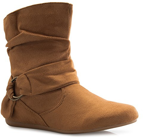 Olivia K Womens Low Heel Slouch Suede Slip On Casual Ankle Boots with Ring Buckle and Side Zipper