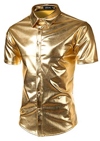 JOGAL Mens Metallic Shiny Nightclub Styles Short Sleeves Button Down Dress Shirts XX-Large A316 Gold