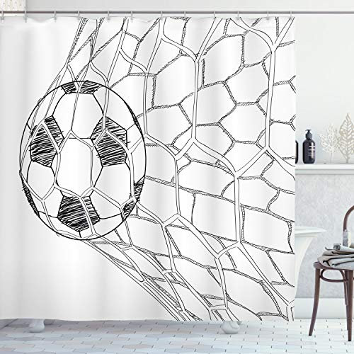 ABAKUHAUS Schwarz-Weiss Duschvorhang, Fußball im Netz, Stoffliches Gewebe Badezimmerdekorationsset mit Haken, 175 x 180 cm, Schwarz Weiß