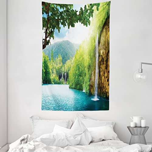 ABAKUHAUS Landschaft Wandteppich und Tagesdecke, Crotian Lake Forest aus Weiches Mikrofaser Stoff Waschbar ohne Verblassen Digitaldruck, 140 x 230 cm, Grün Blau