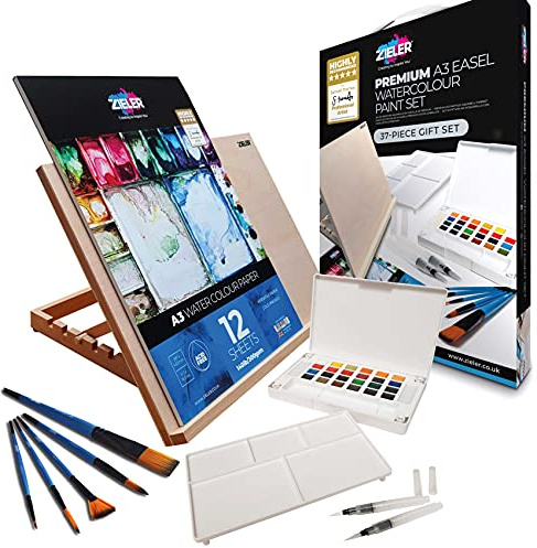 Artists Premium Watercolour Gift Set Bundle - by Zieler® - A3 Table Top Easel, 24 Half Pan Watercolour Paint Set, 5 Fine Taklon Watercolour Brushes & A3 Watercolour Pad (300gsm)