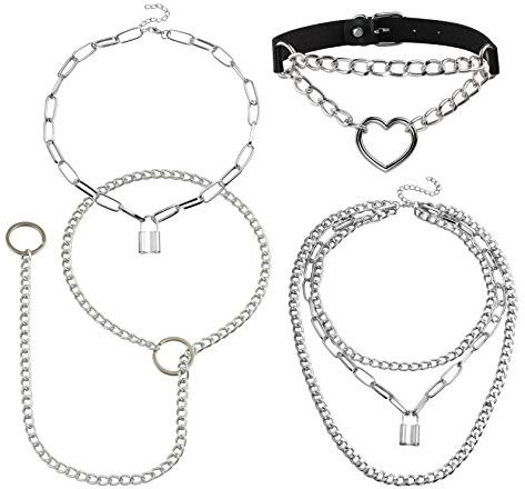 MILAKOO 4PCS PU Lederhalsband mit Aluminiumkette Drei Schichten Lock Herzkette Anhänger Halskette für Frauen