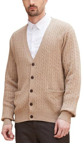 Kallspin Men’s Wool Blend Cardigan Sweater Cable Knit V Neck Button Front Casual Knitwear Jumper(Coffee, Large)