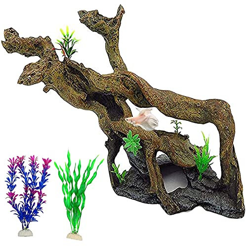 PINVNBY Resin Driftwood Aquarium Decoration Tree Branch Fish Tank Trunk Ornament Betta Log Reptile Climb with Holes for Fish Shrimp Lizard Gecko