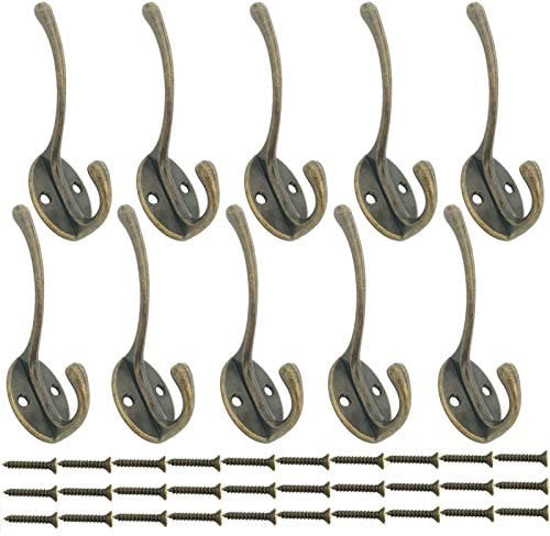 Beilala 10 Pack Double Coat Hooks for Wall Door with Screws Antique Robe Hook for Hanging Clothes, Hat, Scarf, Bag, Towel, Key, Cup, Cap (Bronze)