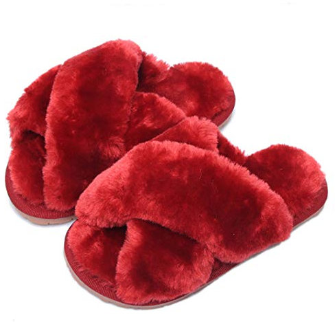 Hitopteu Hausschuhe Damen Plüsch Winter Flauschig Pantoffeln Warm Bequeme Slippers Offener Zeh Haus Kuschelig Hausschuhe für Damen rot EU 37/38 für Etikettengröße 38/39