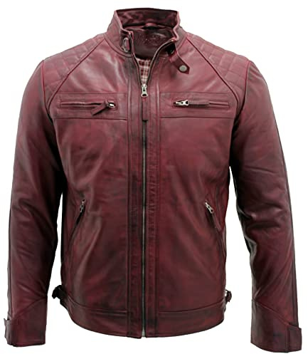 Infinity Leather Chaqueta Clásica para Hombre de Cuero Acolchado Borgoña Retro Vintage Estilo Motociclista L